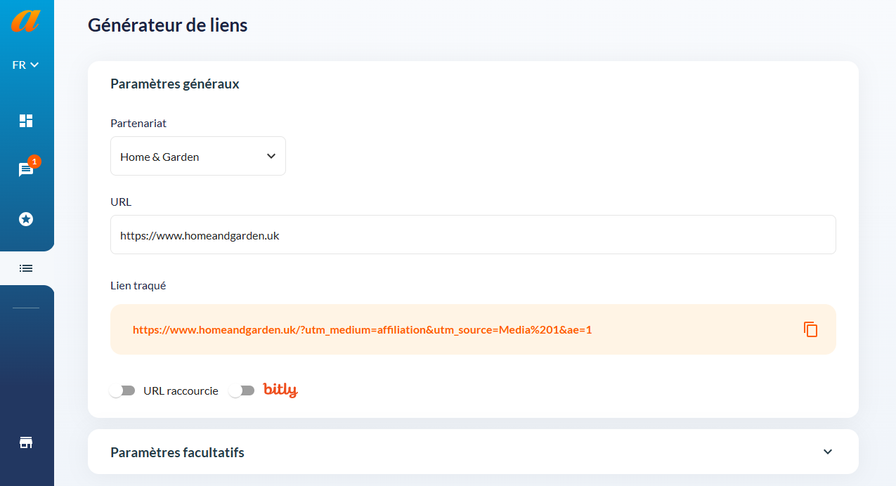 Créer lien tracking Affilae 2