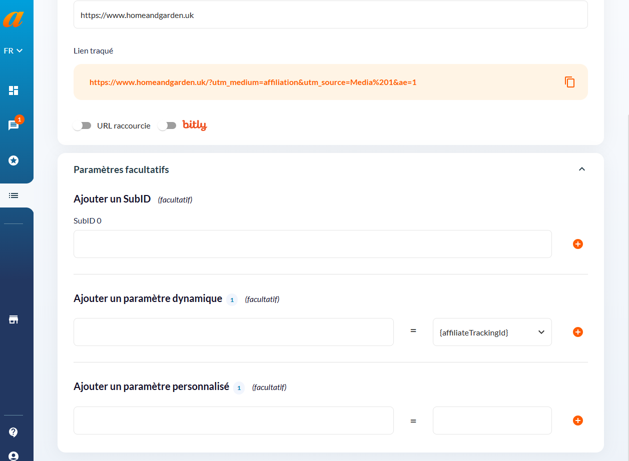 Créer lien tracking Affilae 3