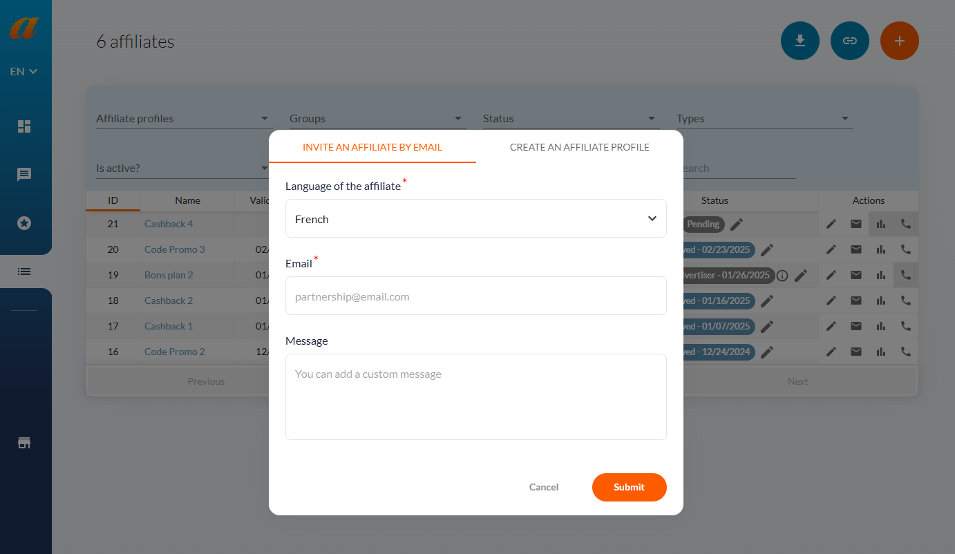 Add a publisher easily to the program Affilae 3