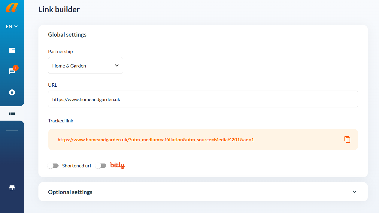 Create tracking link Affilae 2