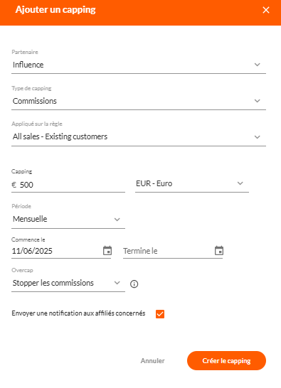 Créer un capping sur Affilae 2
