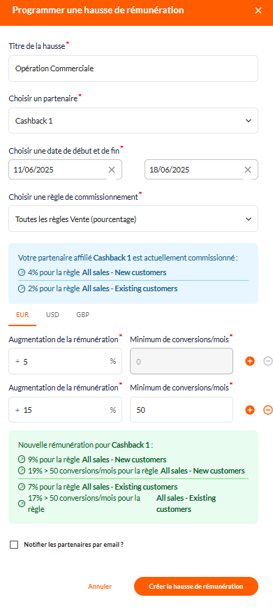 Paramétrer une hausse de rémunération automatique Affilae 3