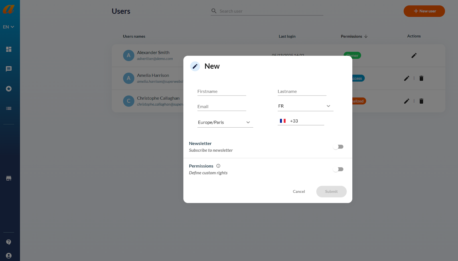 Create new user Affilae