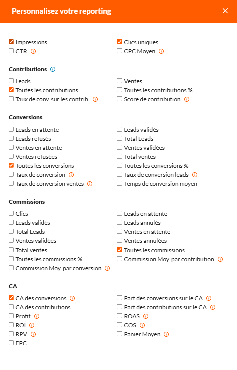 Reporting customise columns Affilae