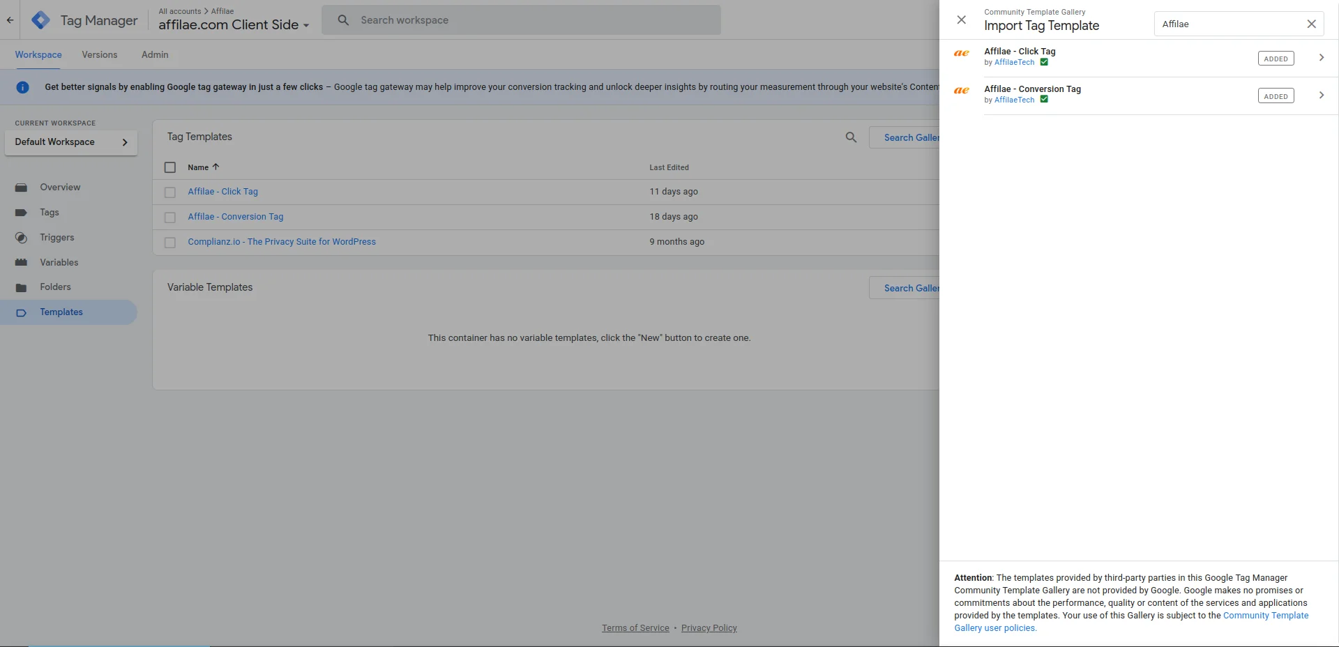 Google Tag Manager Community Template Gallery, search for Affilae