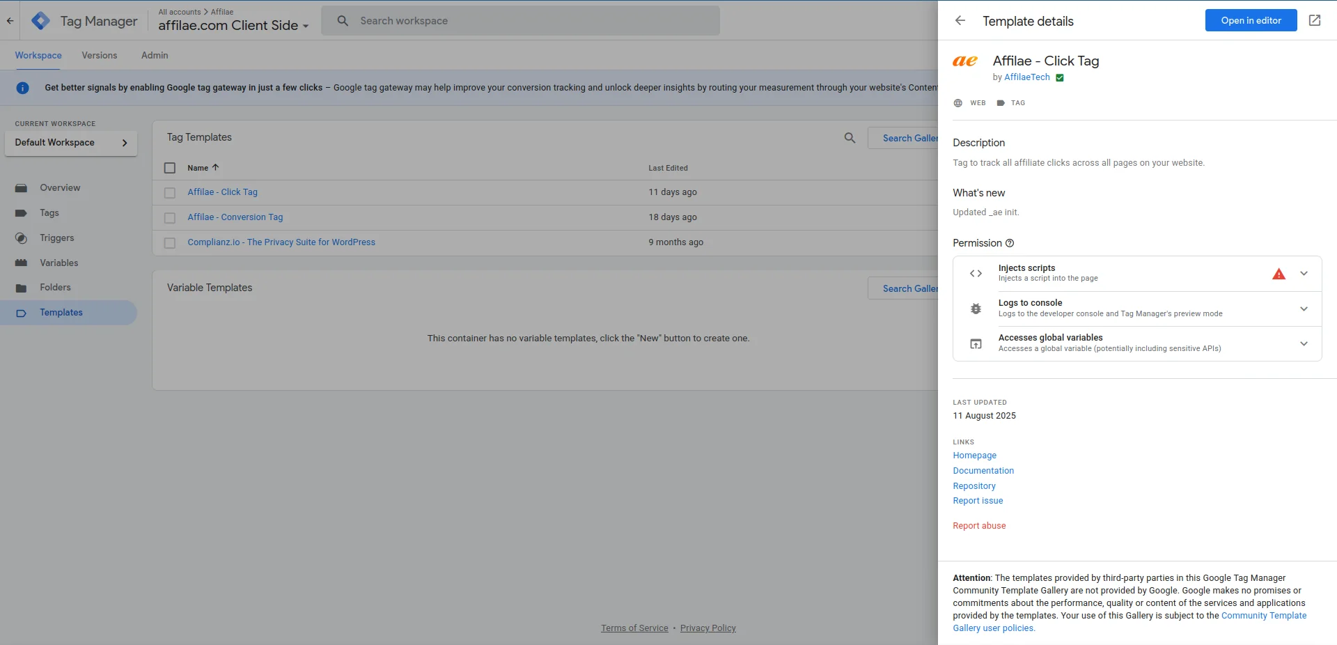 Template details for Affilae - Click Tag in Google Tag Manager