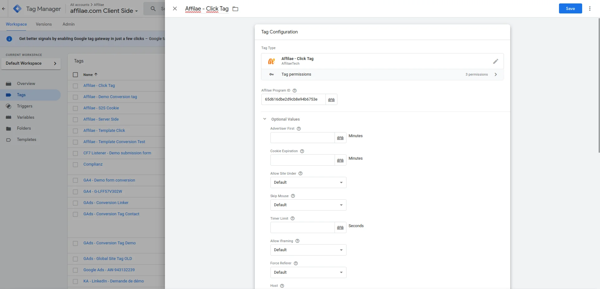 Affilae click tag configuration in Google Tag Manager
