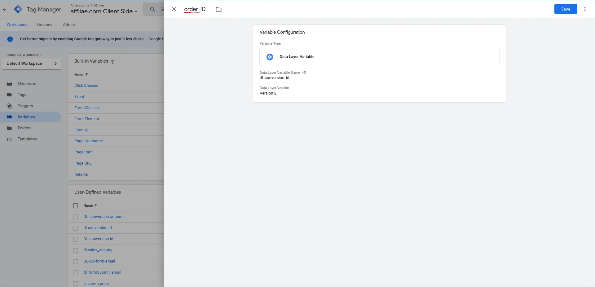 Data layer variable created in Google Tag Manager
