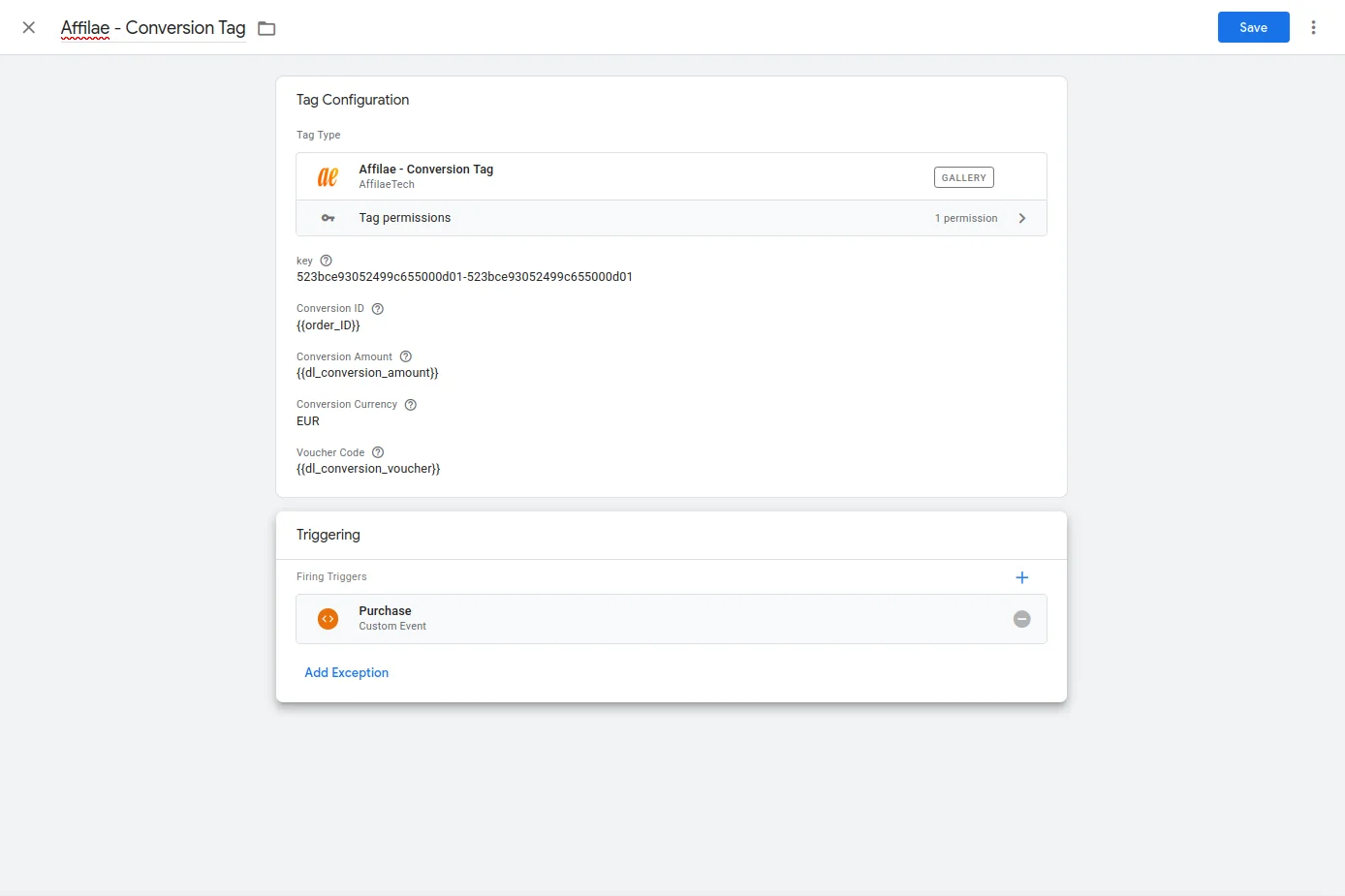 Affilae conversion tag configured in Google Tag Manager
