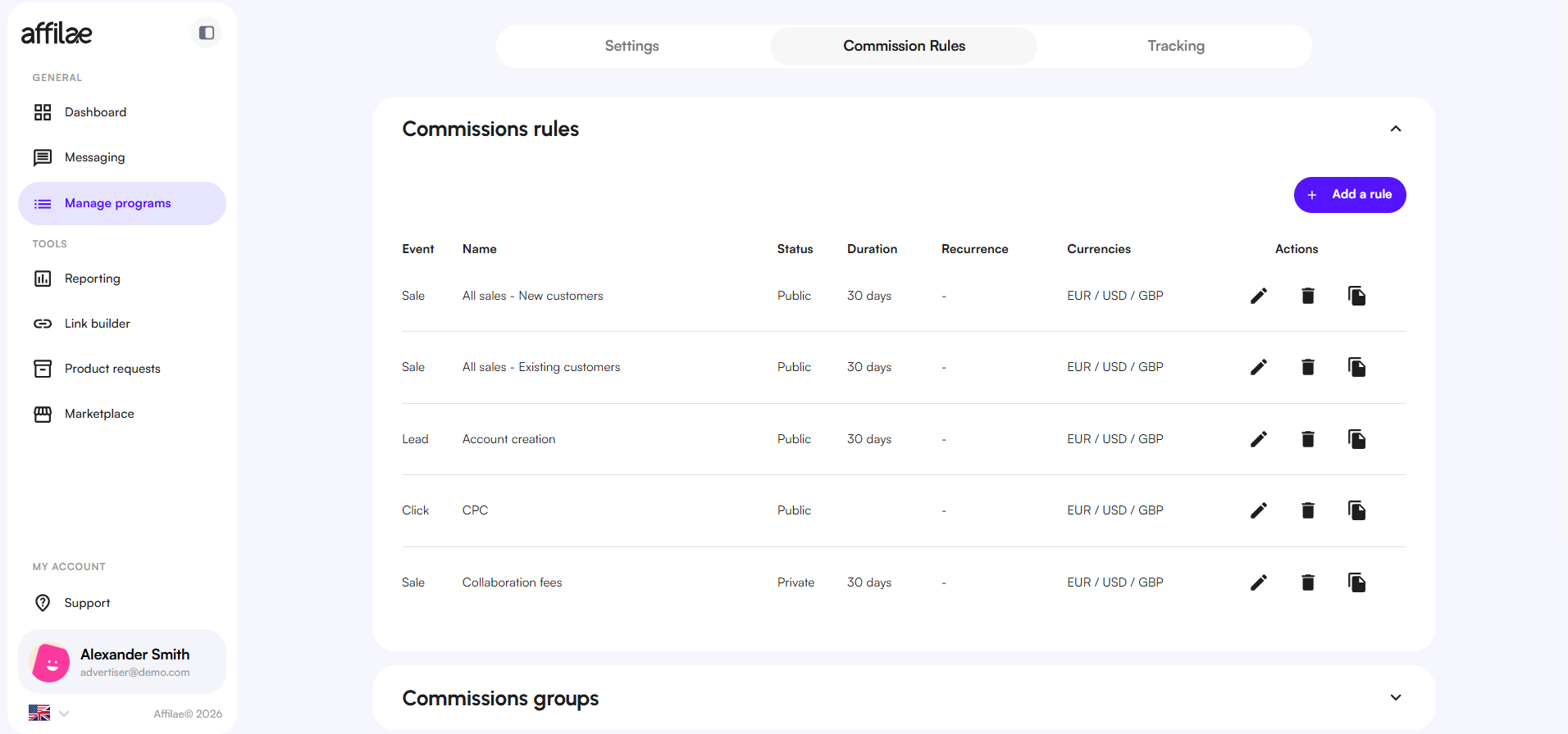 Affilae Interface - Commission rules list overview and Add a Rule button