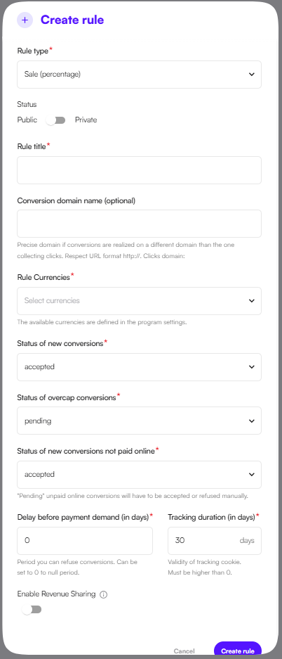 Affilae Interface - Setting up advanced fields for Sales and Leads commission rules