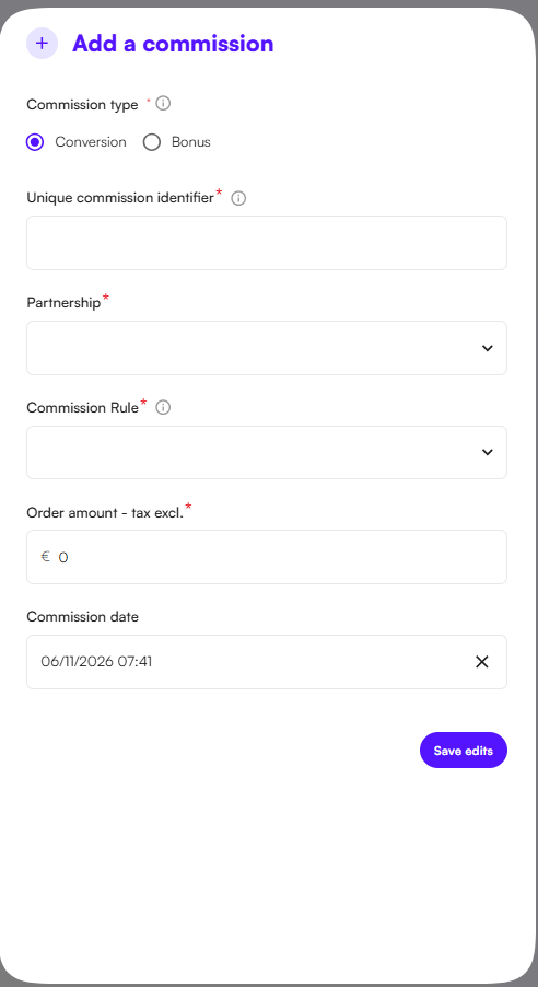 Affilae Interface - Form to add a conversion manually
