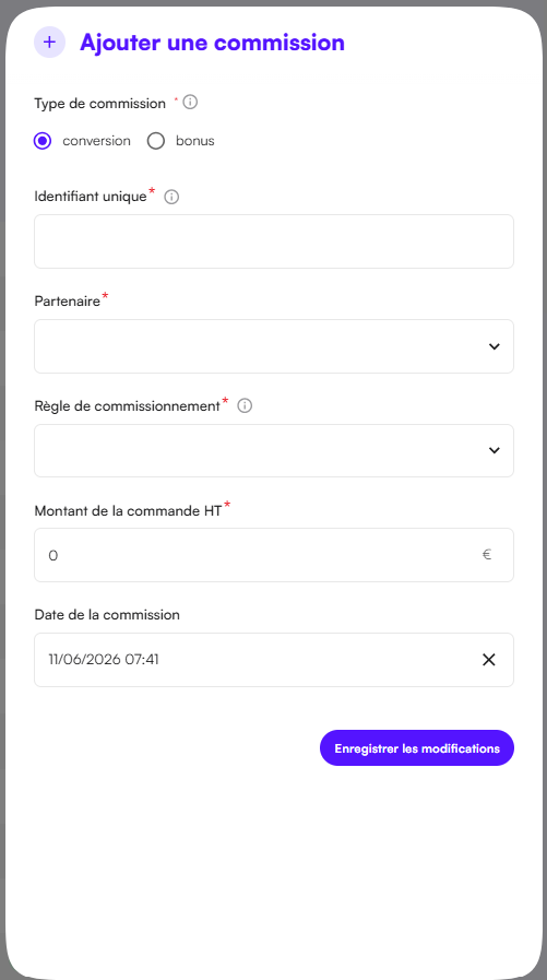 Interface Affilae - Formulaire pour ajouter une conversion manuellement