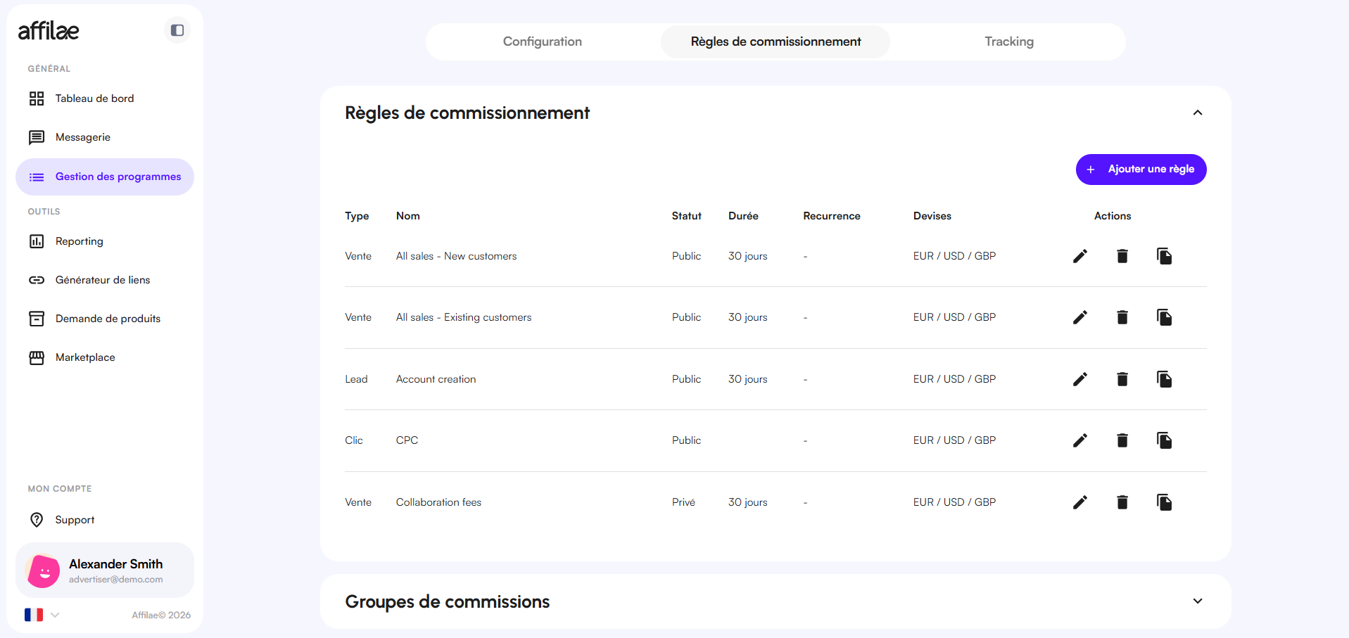Interface Affilae - Menu de configuration des règles de commissionnement