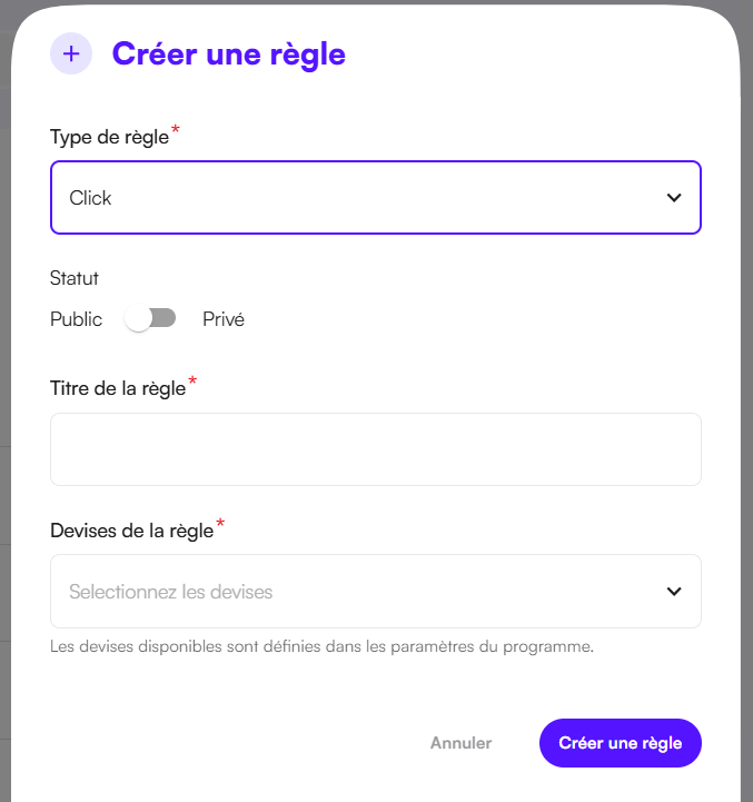 Interface Affilae - Formulaire de création d'une règle de commissionnement de type Clic