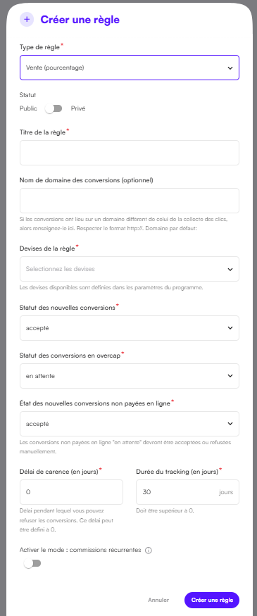 Interface Affilae - Paramètres avancés pour une règle de commissionnement de type Vente ou Lead