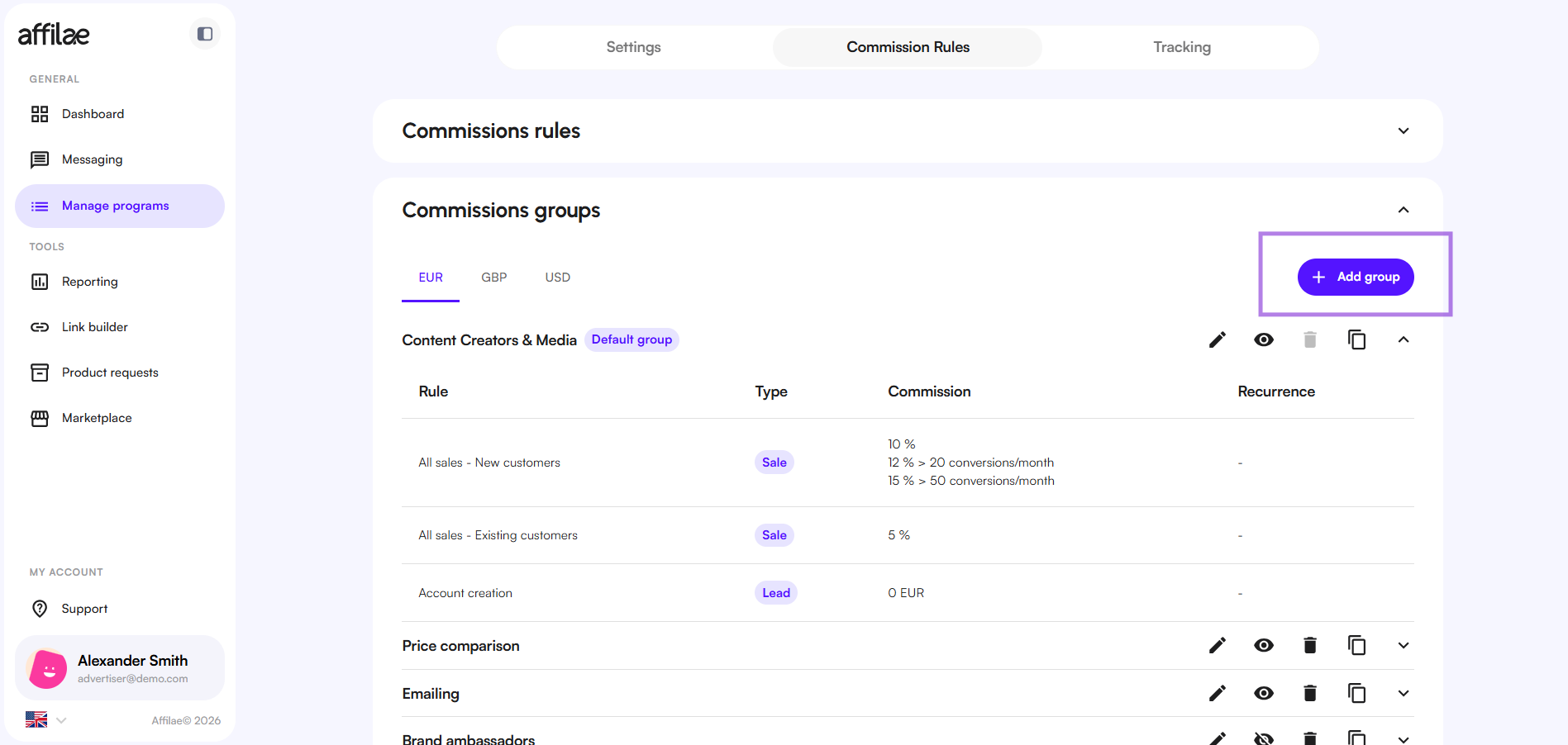 Affilae Interface - Add a group button under commission groups tab