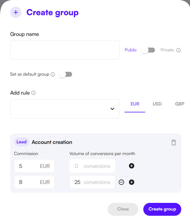 Affilae Interface - Setting up commission tiers for a group
