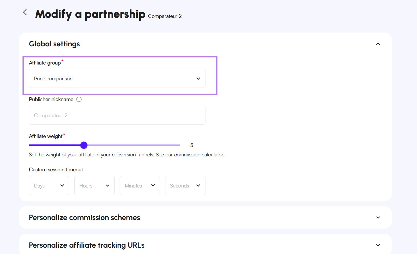 Affilae Interface - Modifying an affiliate's group in general settings