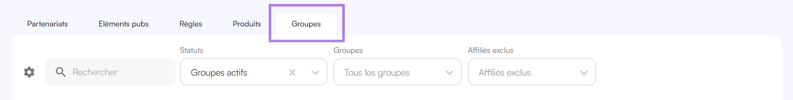 Interface Affilae - Reporting des performances par groupes d'éditeurs