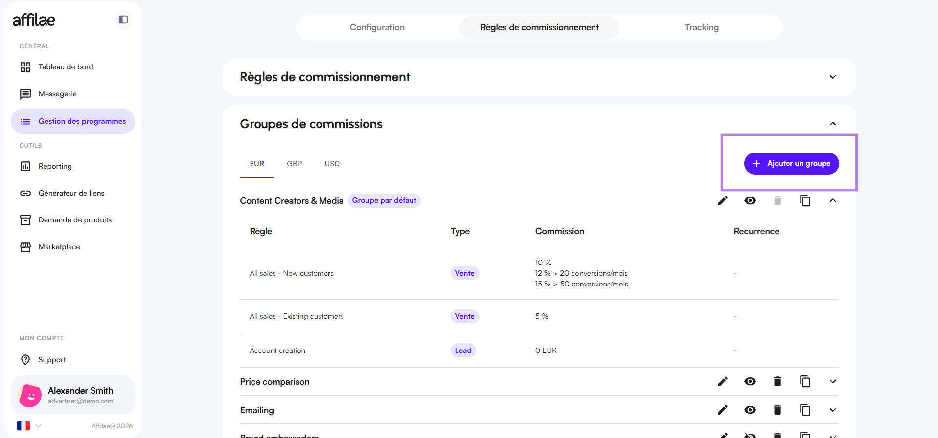 Interface Affilae - Bouton ajouter un groupe dans l'onglet groupes de commissions