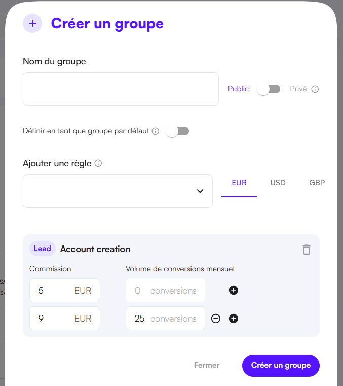 Interface Affilae - Configuration des paliers de commissionnement d'un groupe