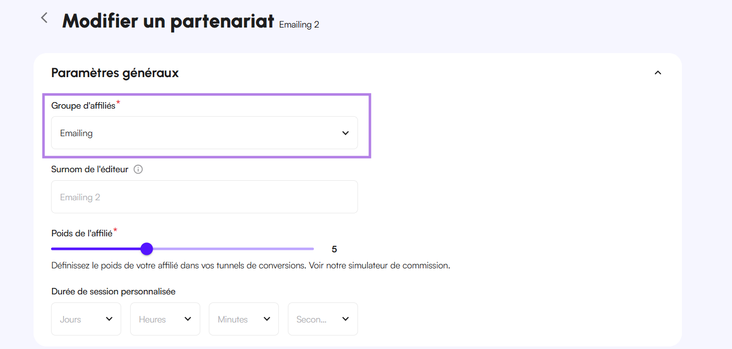 Interface Affilae - Modifier le groupe d'un affilié dans les paramètres généraux