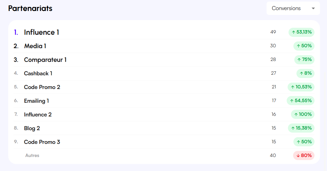 Interface Affilae - Liste et classement des partenariats les plus performants