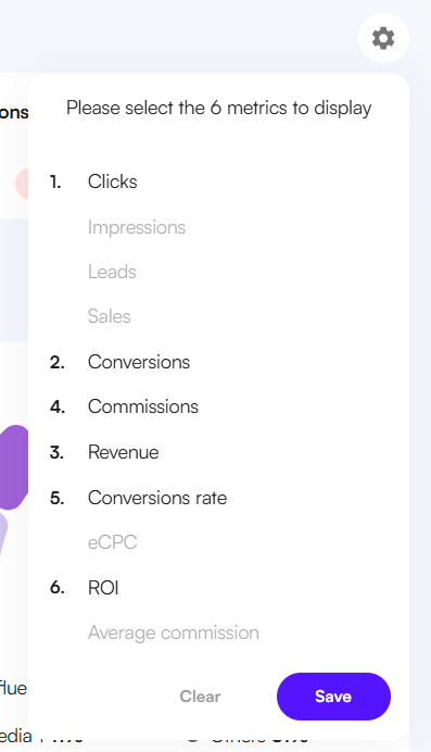 Affilae Interface - KPI selection configuration menu