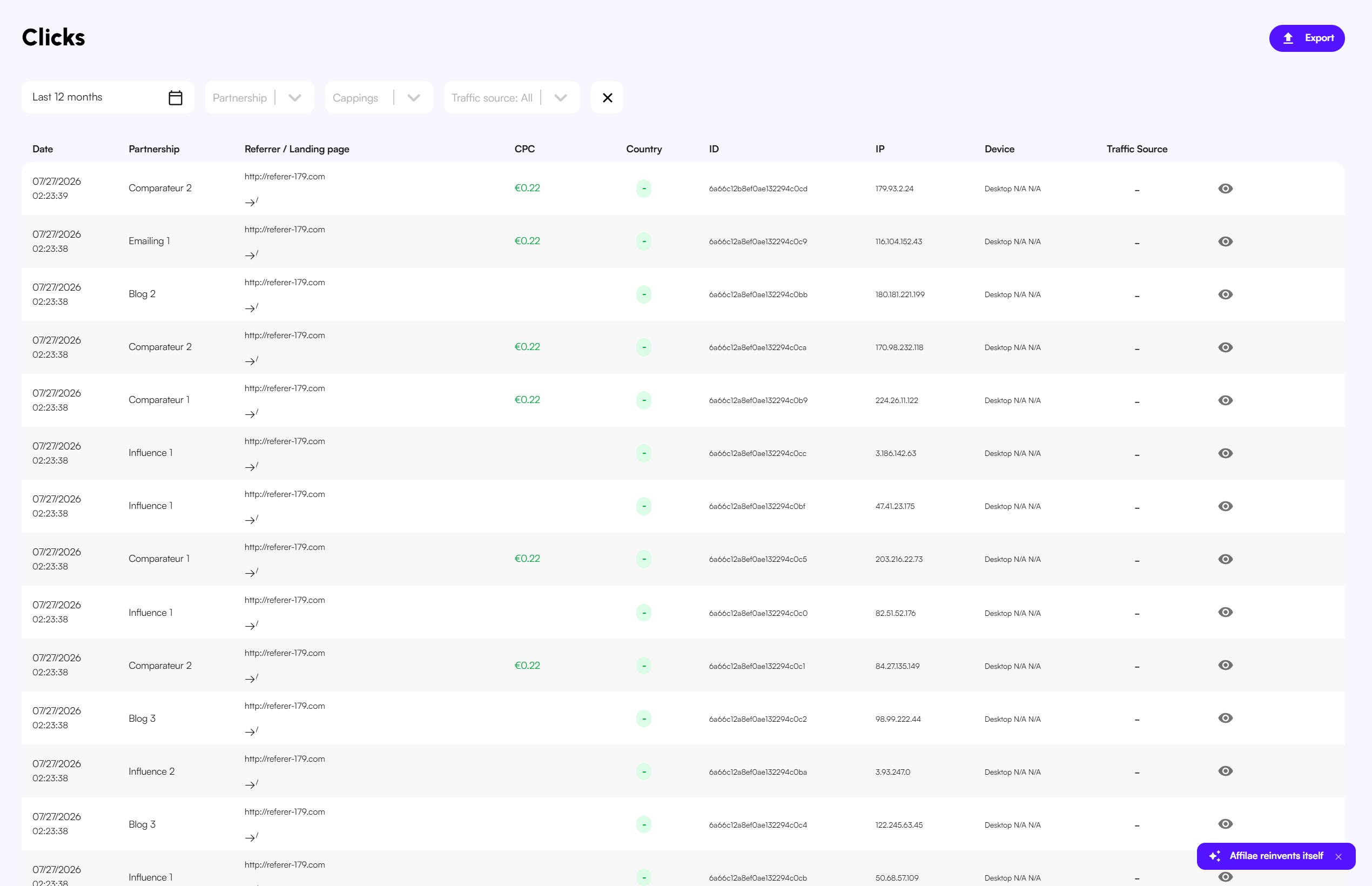 The program click list, with the test click on the first row (sample data).