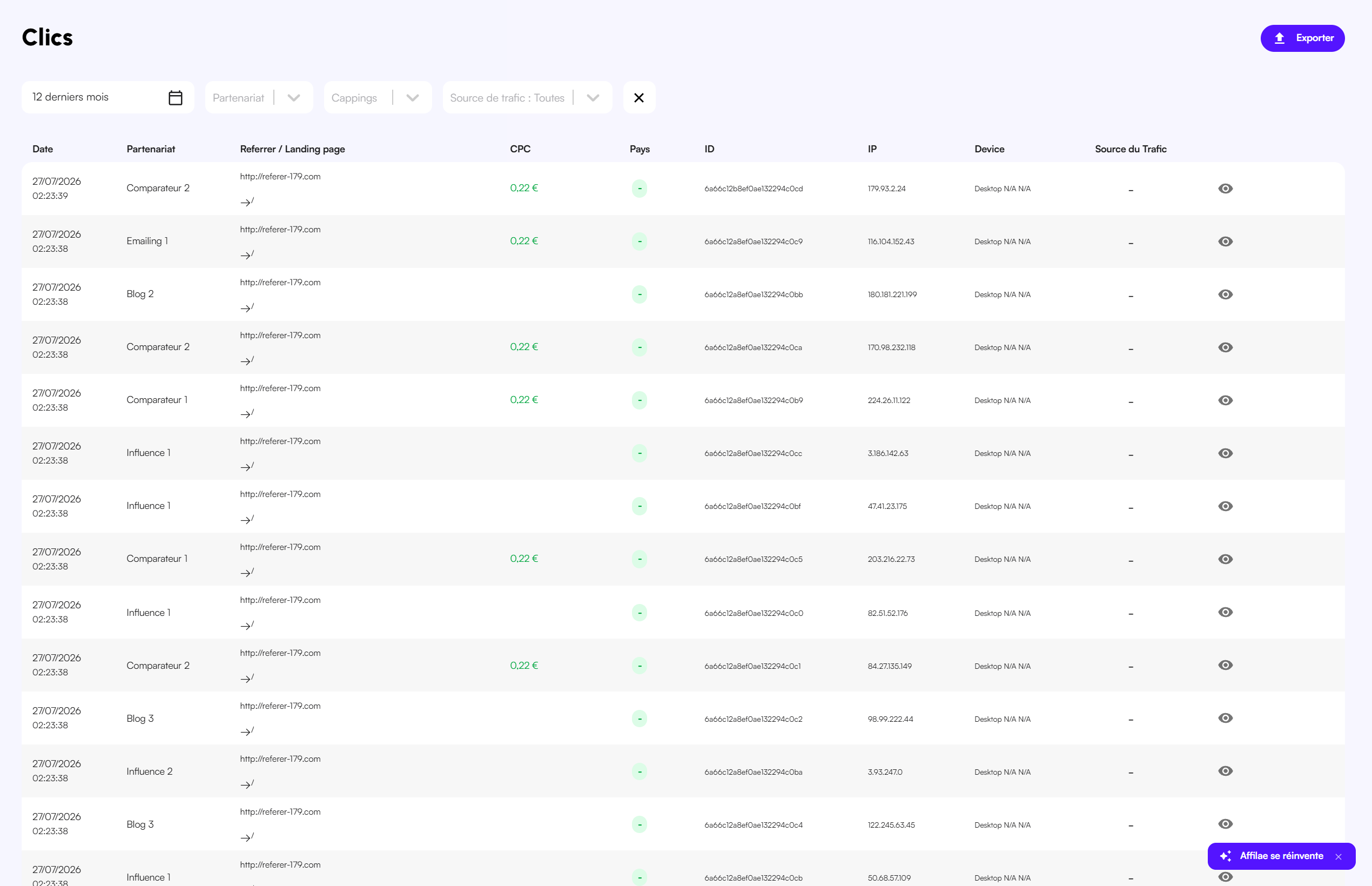 La liste des clics du programme, avec le clic de test sur la première ligne (données d'exemple).