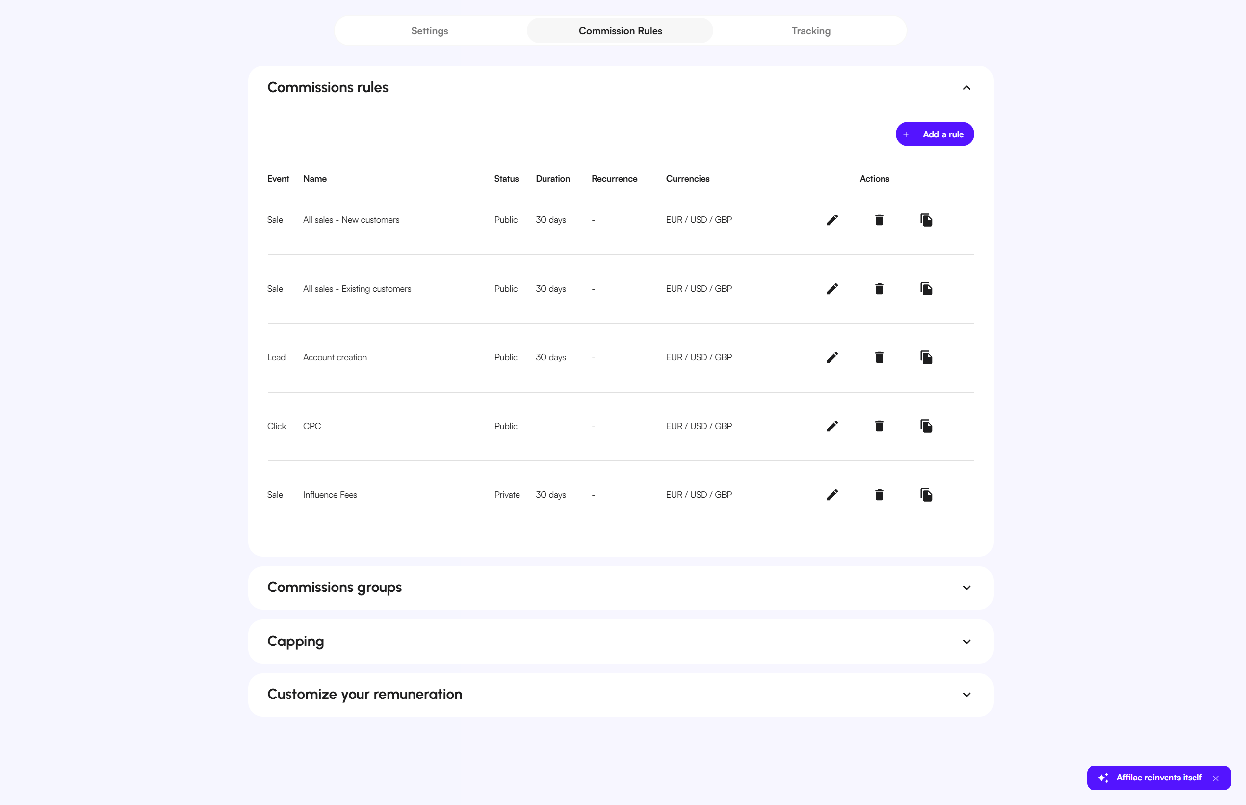 The Commission Rules tab of the program, with the Add a rule button.