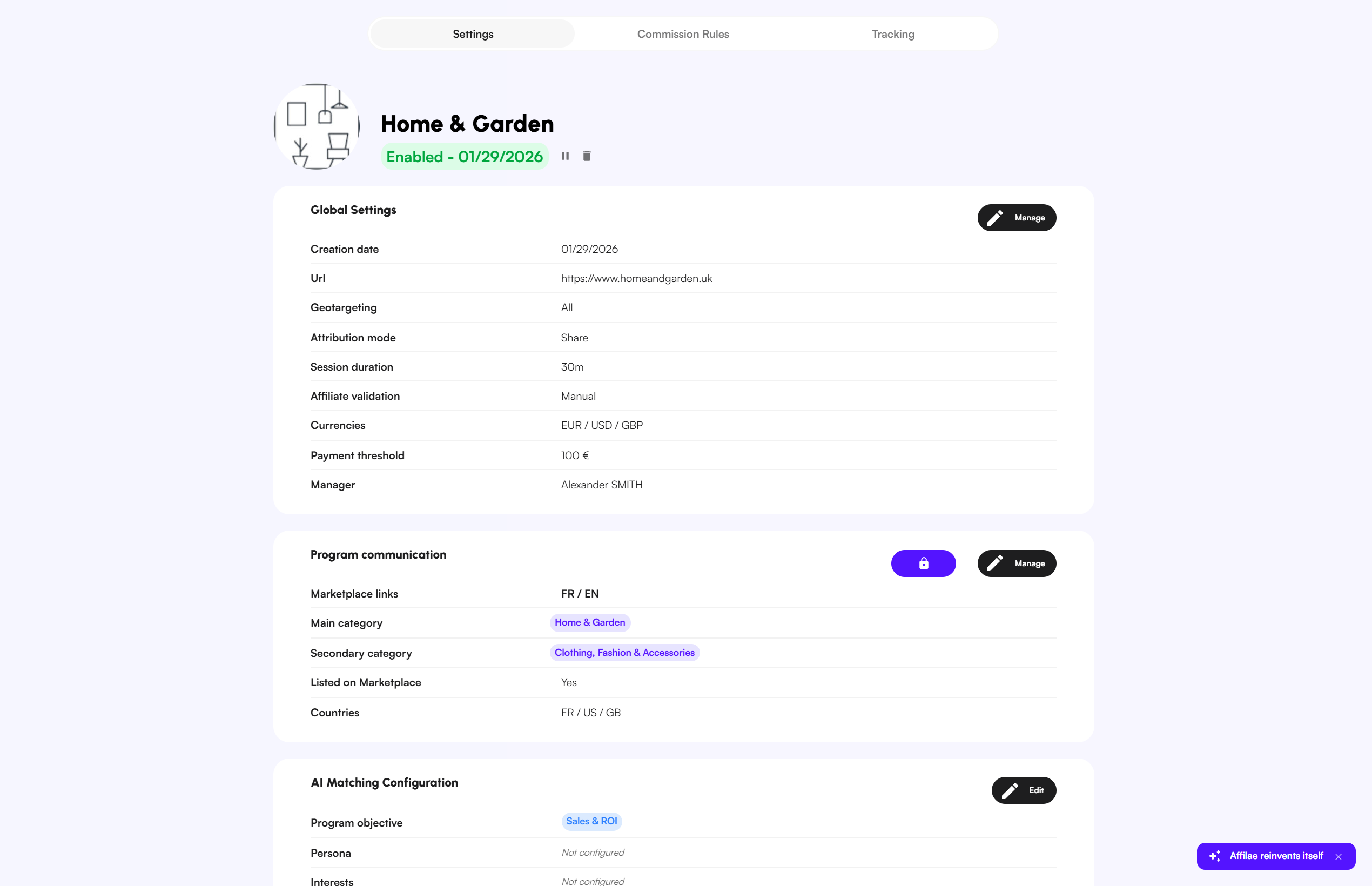 The « Appearance on the advertiser marketplace » section and its toggle, inside the program communication settings.