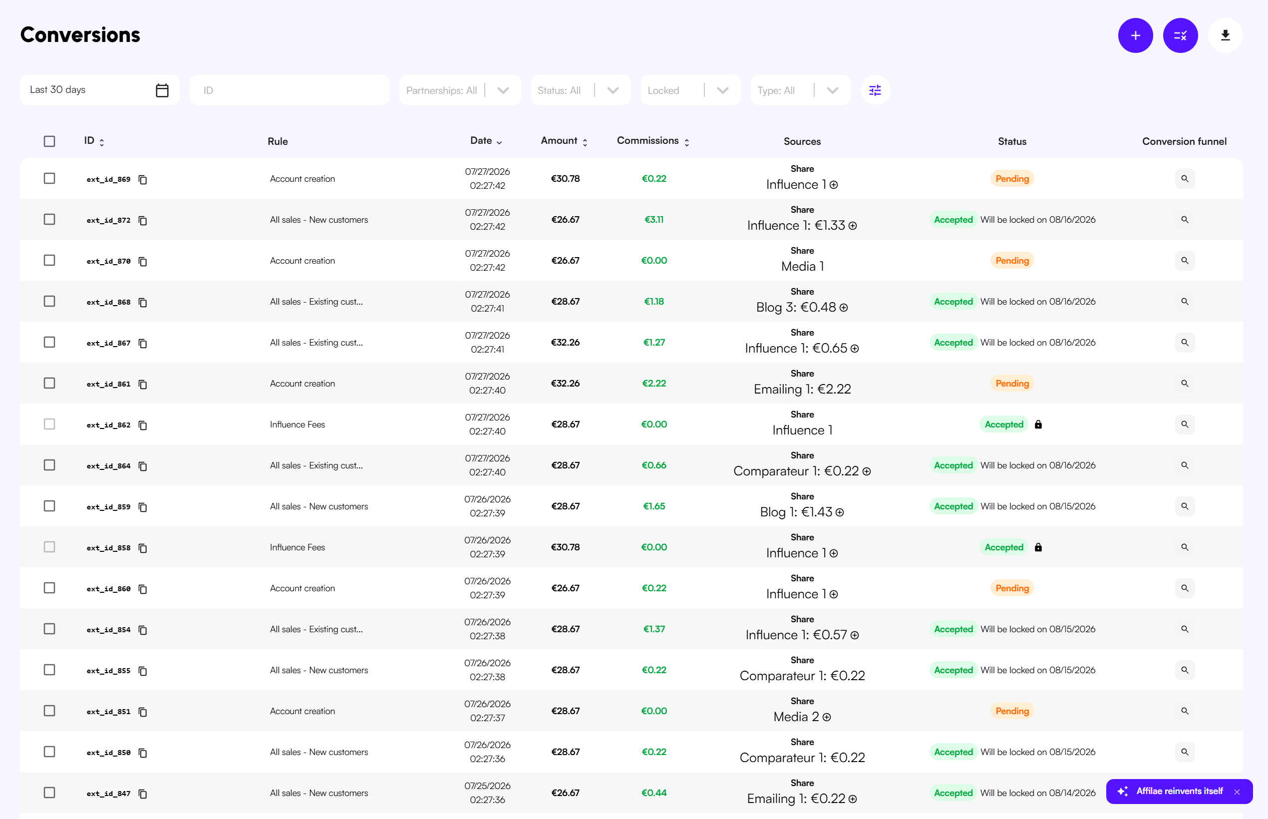 The program conversion list, with the test conversion set to « Pending » (sample data).
