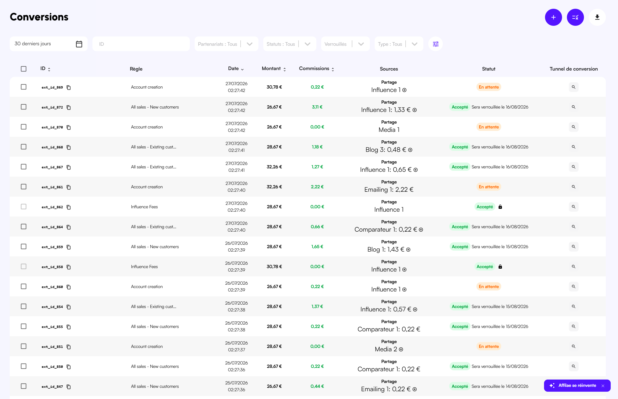 La liste des conversions du programme, avec la conversion de test en « En attente » (données d'exemple).