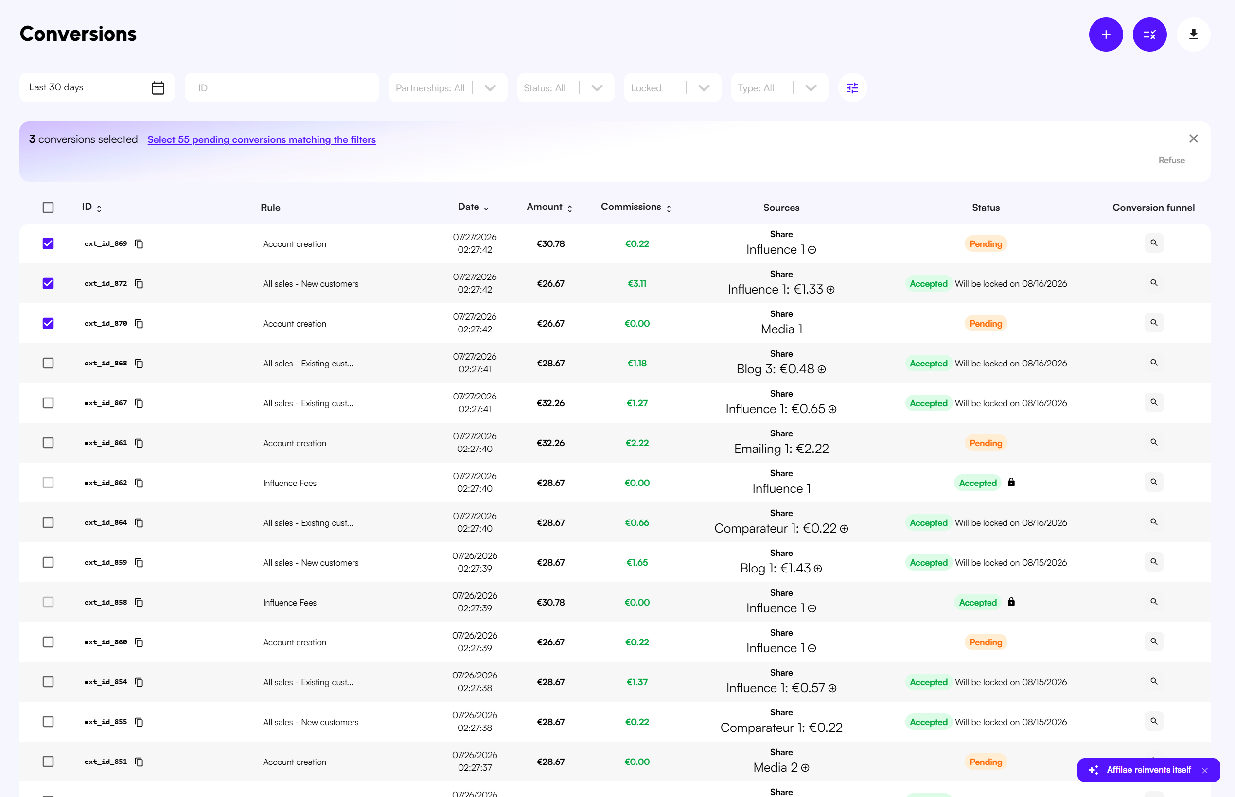 The conversions list with two rows ticked and the bulk action banner. The last row is locked, so its checkbox is disable