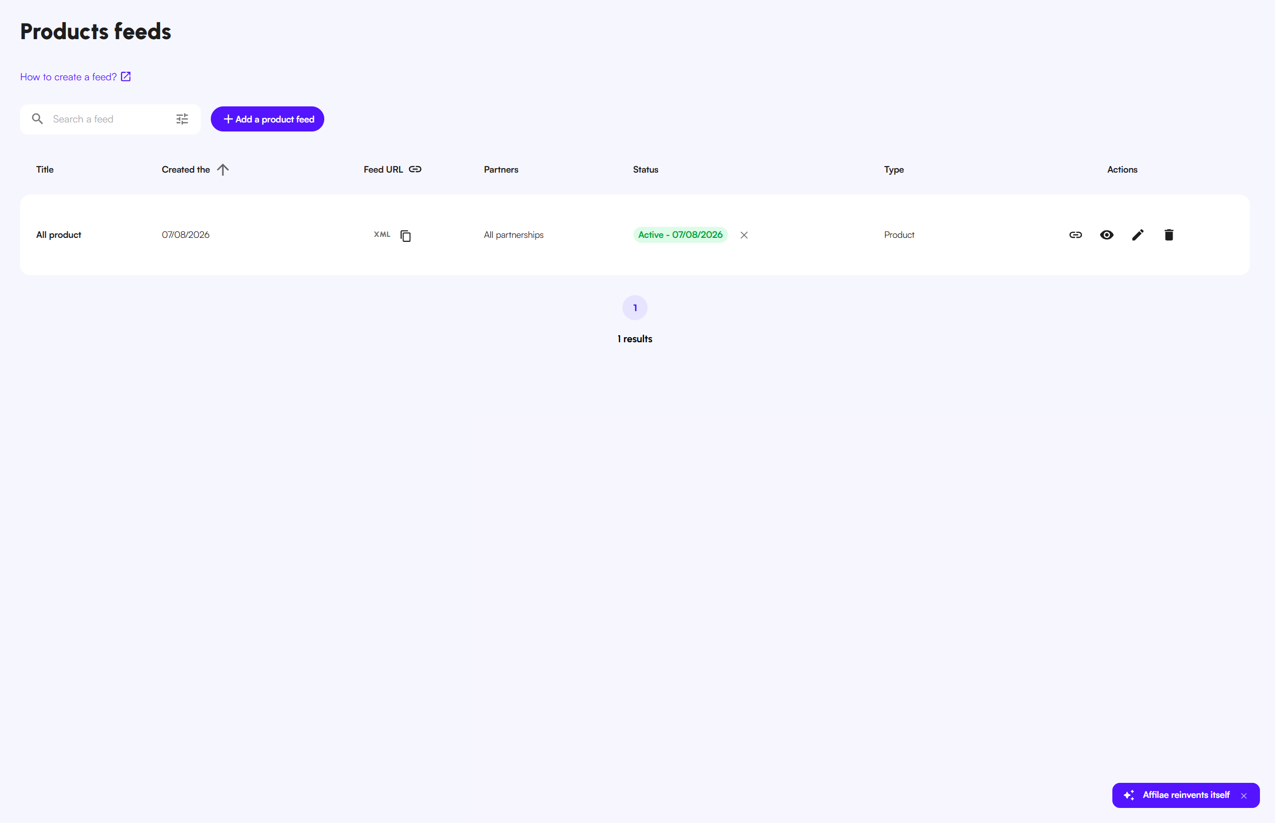 The product feed list with sample data: title, creation date, format, partners and status.