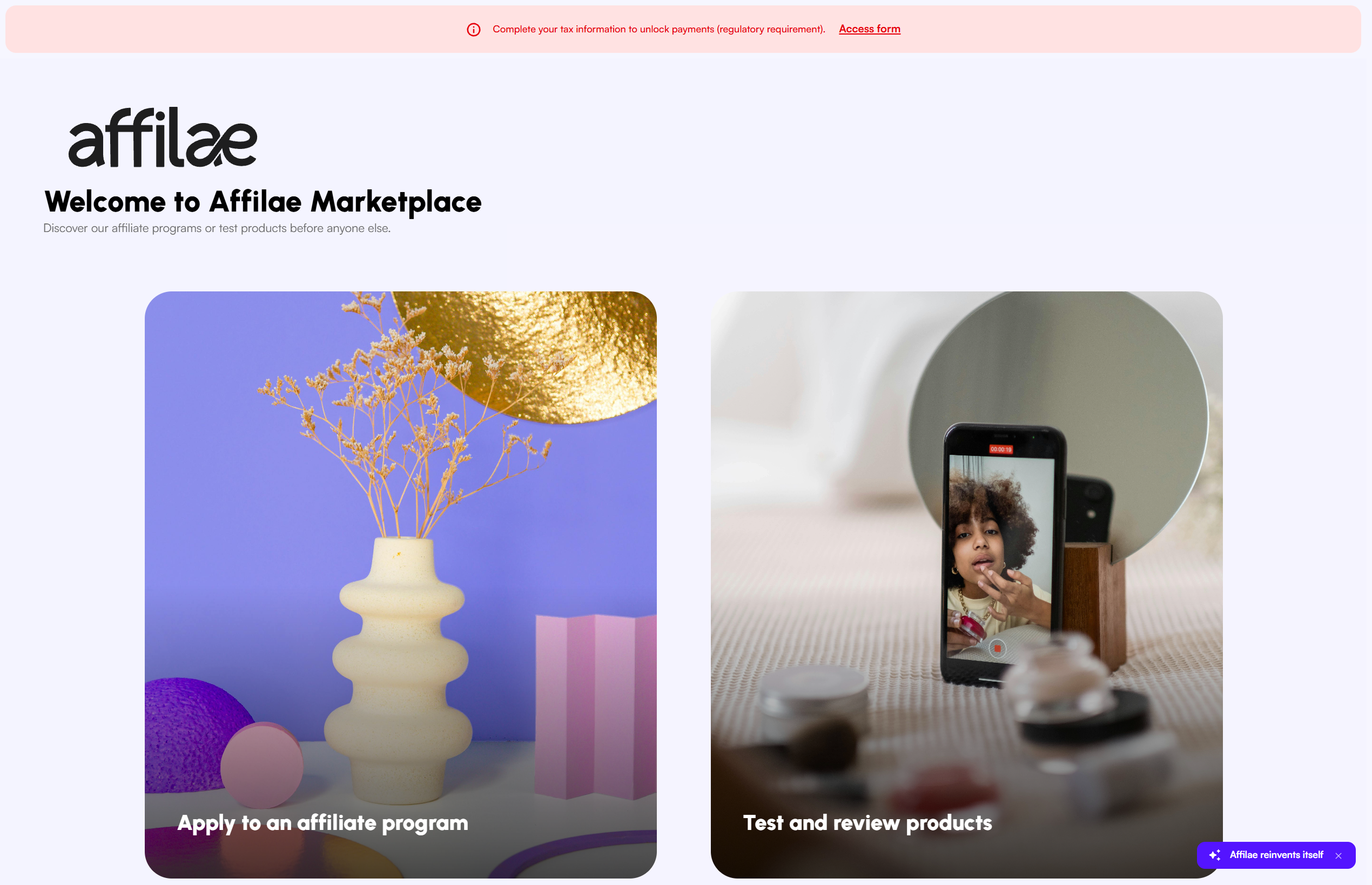 The Marketplace home page on the publisher side, with access to programs and product testing.