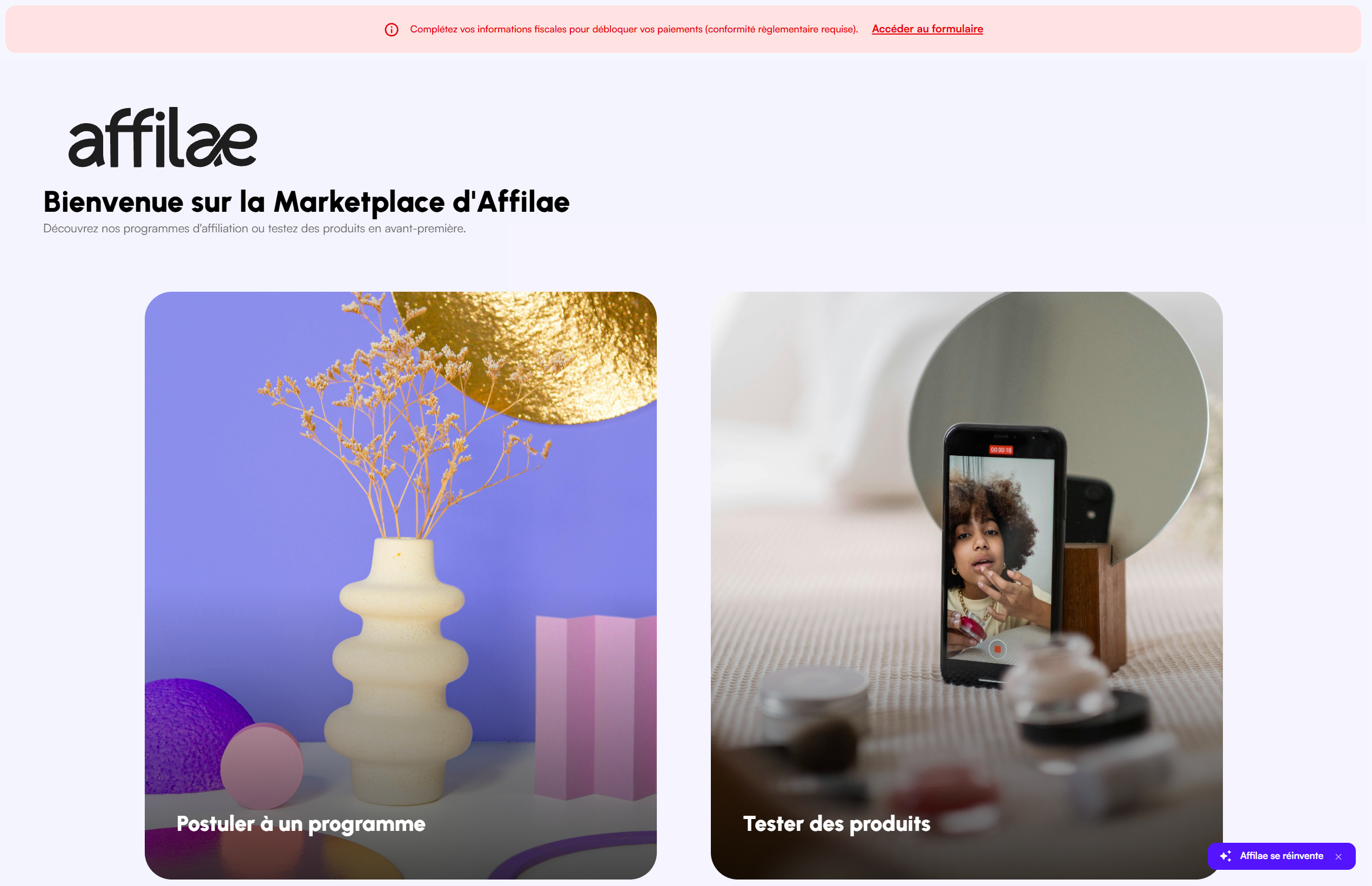 La page d'accueil de la Marketplace côté éditeur, avec l'accès aux programmes et au test de produits.