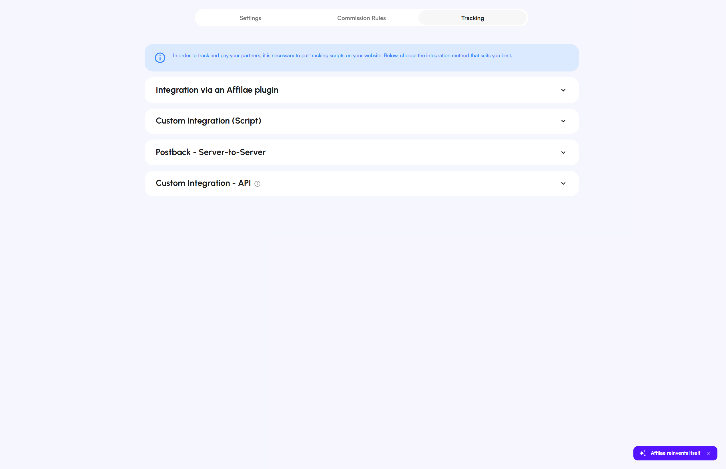 The « Tracking » tab of the program configuration: the « Integration via an Affilae plugin » section shows the Program I