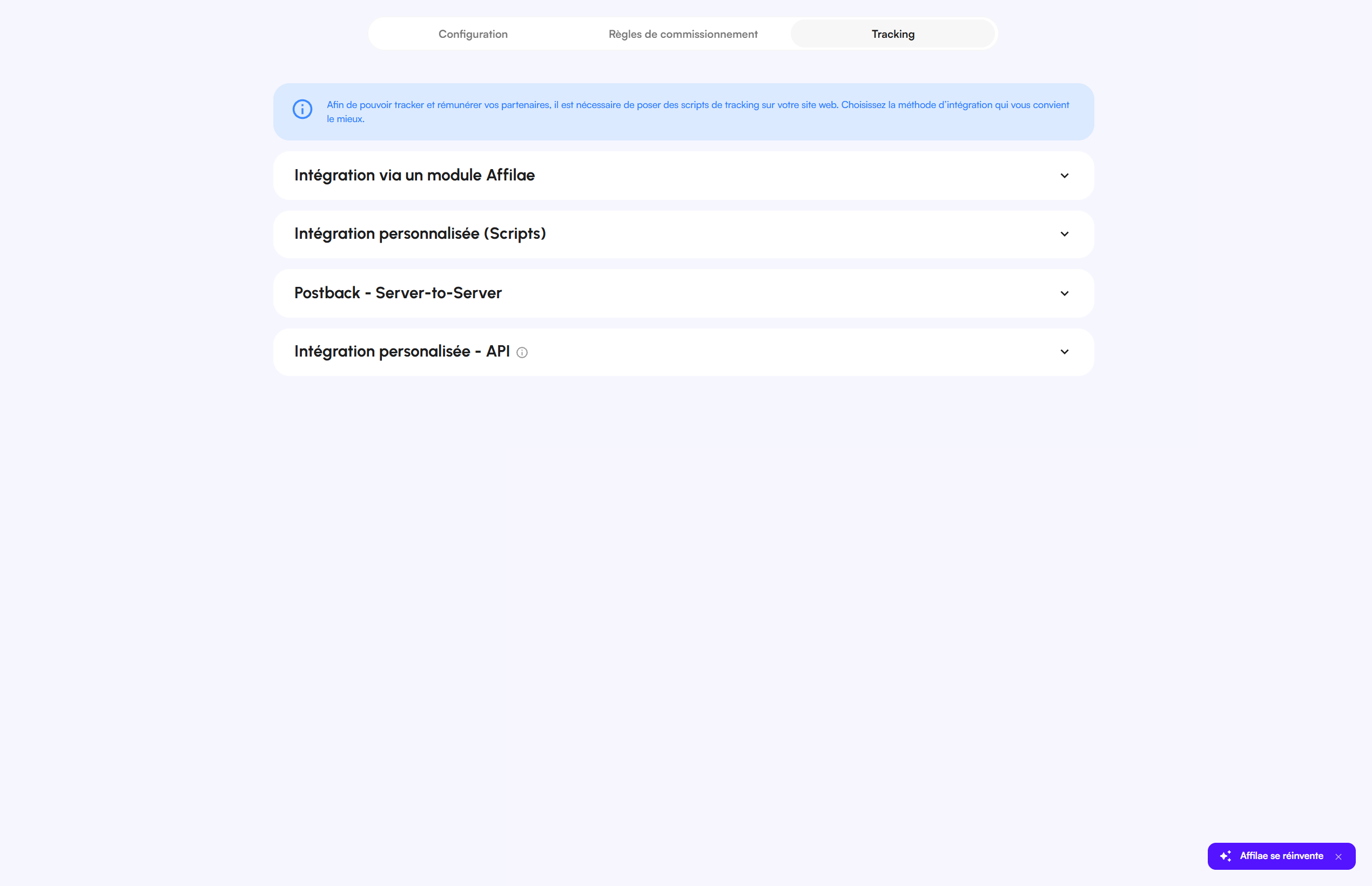L'onglet « Tracking » de la configuration du programme : la section « Intégration via un module Affilae » affiche le Pro