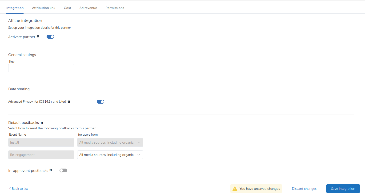 Onglet Integration du partenaire Affilae dans AppsFlyer