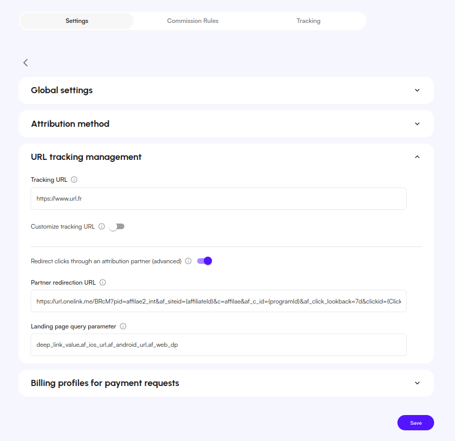 URL tracking management section configured for AppsFlyer, English interface