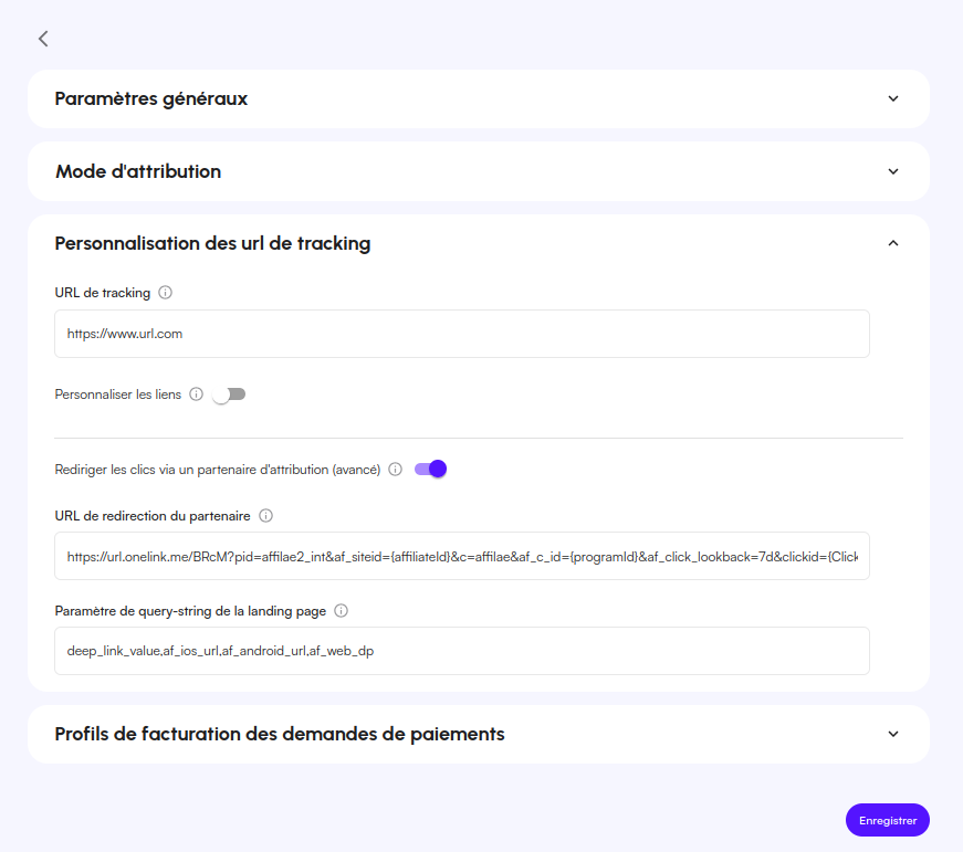 Section Personnalisation des url de tracking configurée pour AppsFlyer