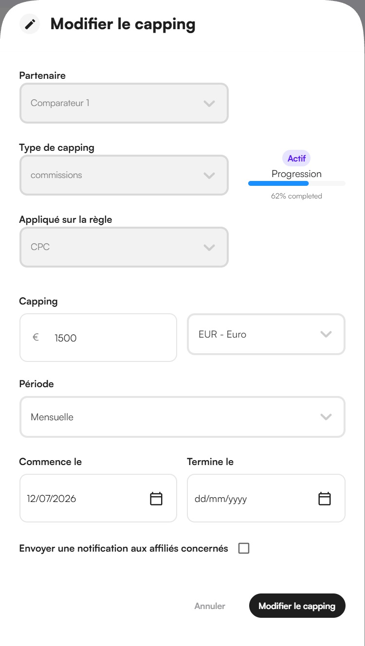 Partenaire, Type de capping, Appliqué sur la règle, la pastille de statut avec sa progression, le montant et sa devise, 
