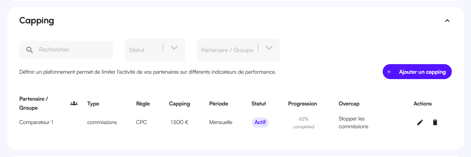 la phrase d'introduction, le bouton « Ajouter un capping », et le tableau avec les colonnes Partenaire / Groupe, Type, R