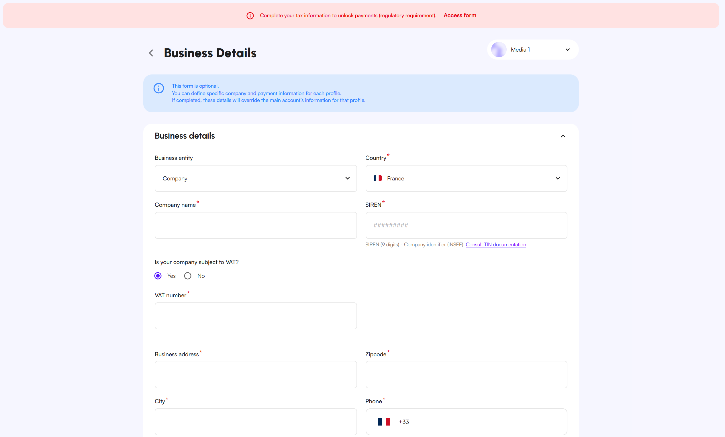 Business Details screen
