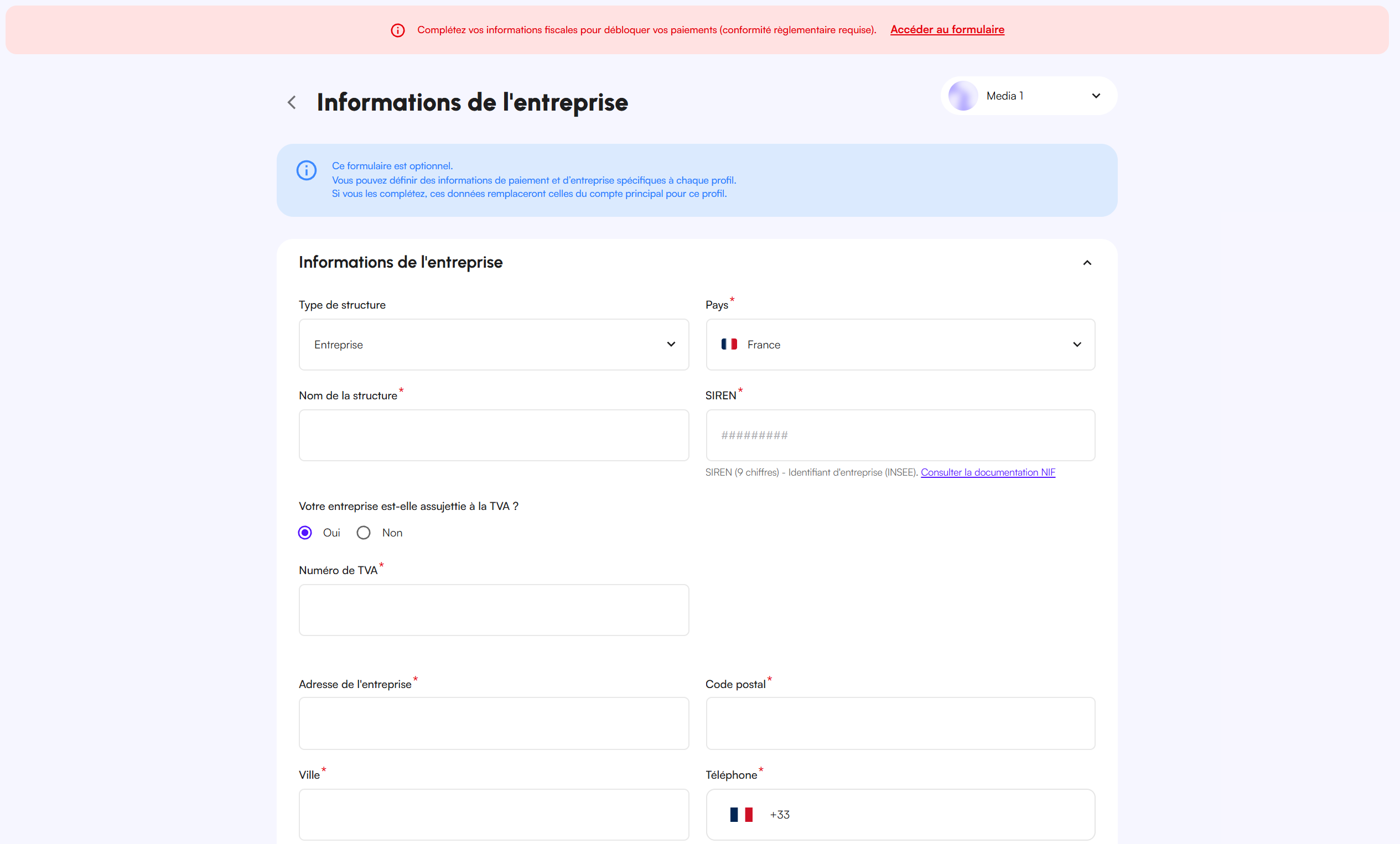 Écran Informations de l'entreprise