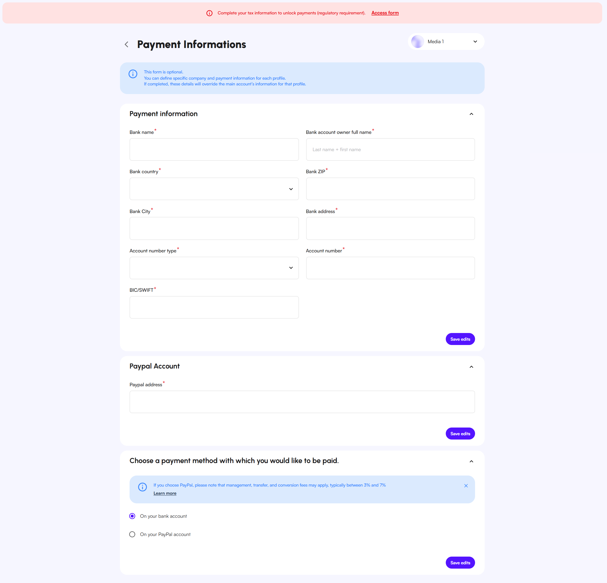 Payment Informations screen