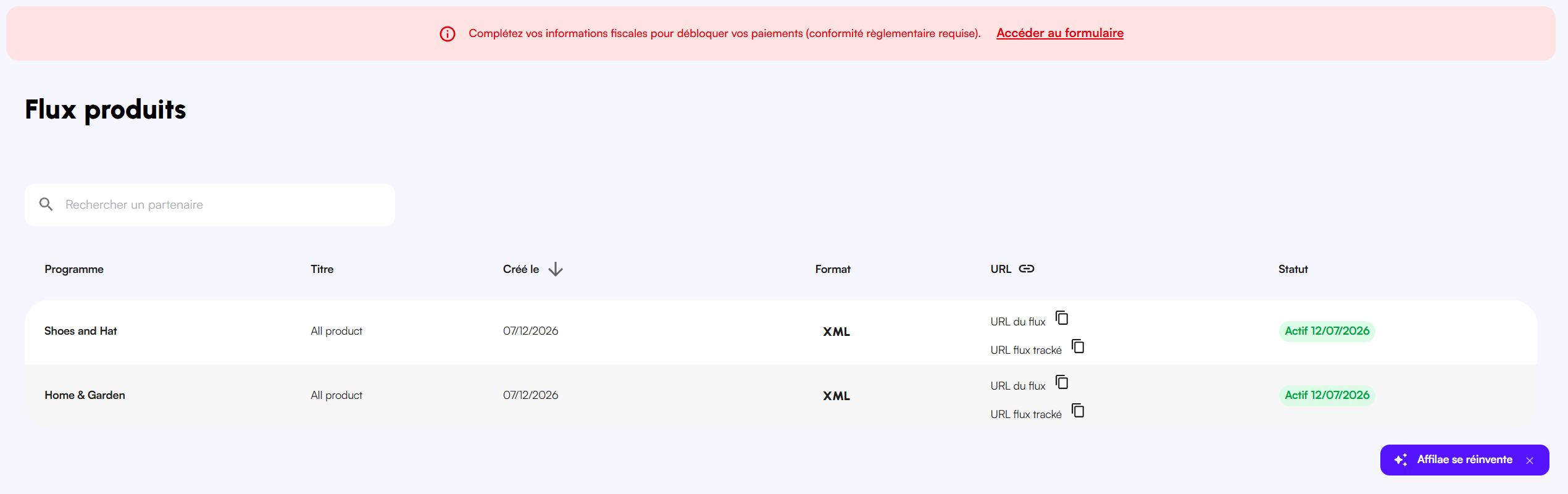 la colonne URL avec ses deux lignes « URL du flux » et « URL flux tracké », plus la colonne Statut